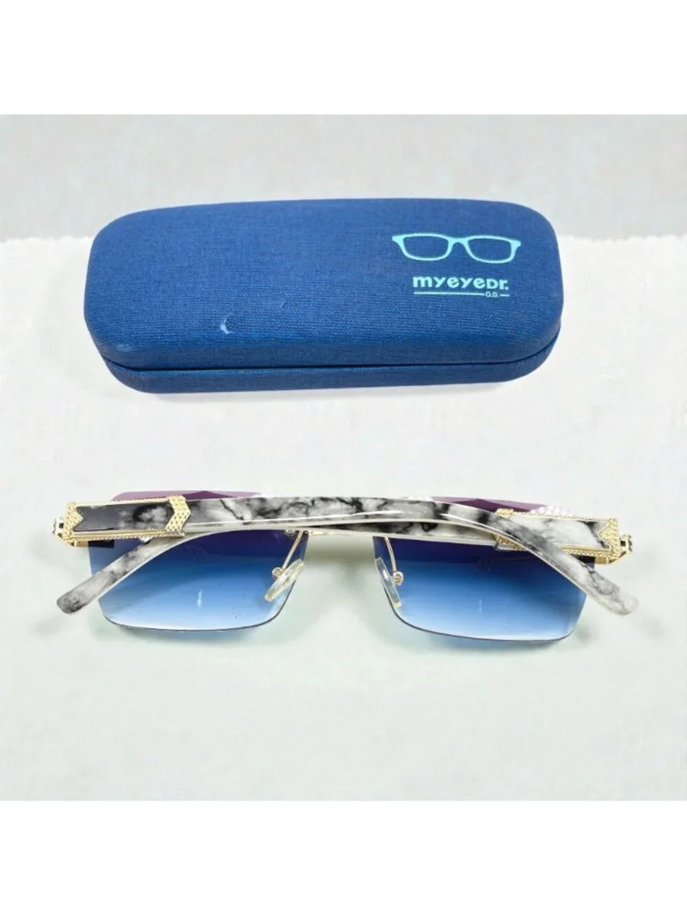Blue Purple Lens Sunglasses Gold White Frame Y2K Luxe Glam Festival Shades